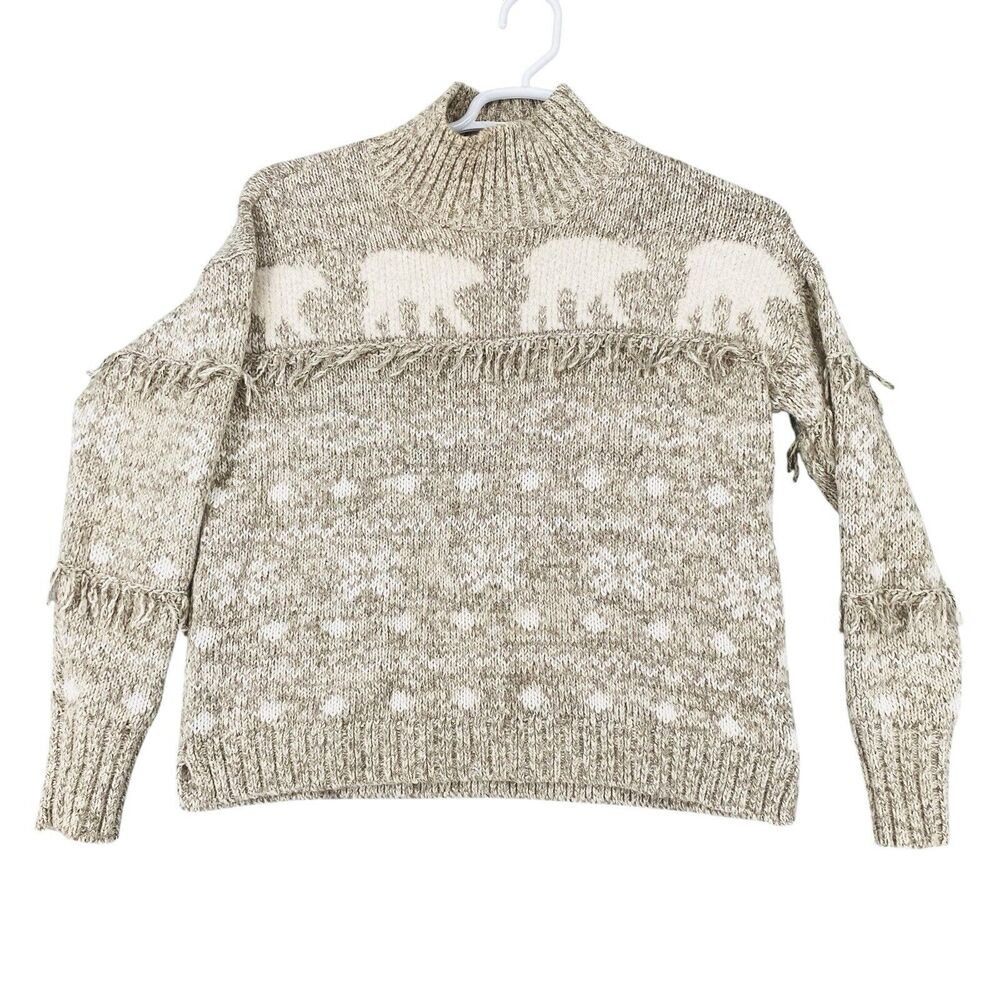 Loft Polar Bear Sweater‎ Womens Small Knit Fringe Trim Ski Turtleneck Over Sized